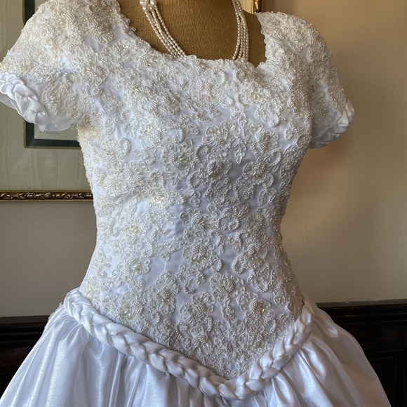 Mon Cherie Modest Bridal Gown. Beautiful Beaded Bodice with braided satin trim - Picture 7 of 10